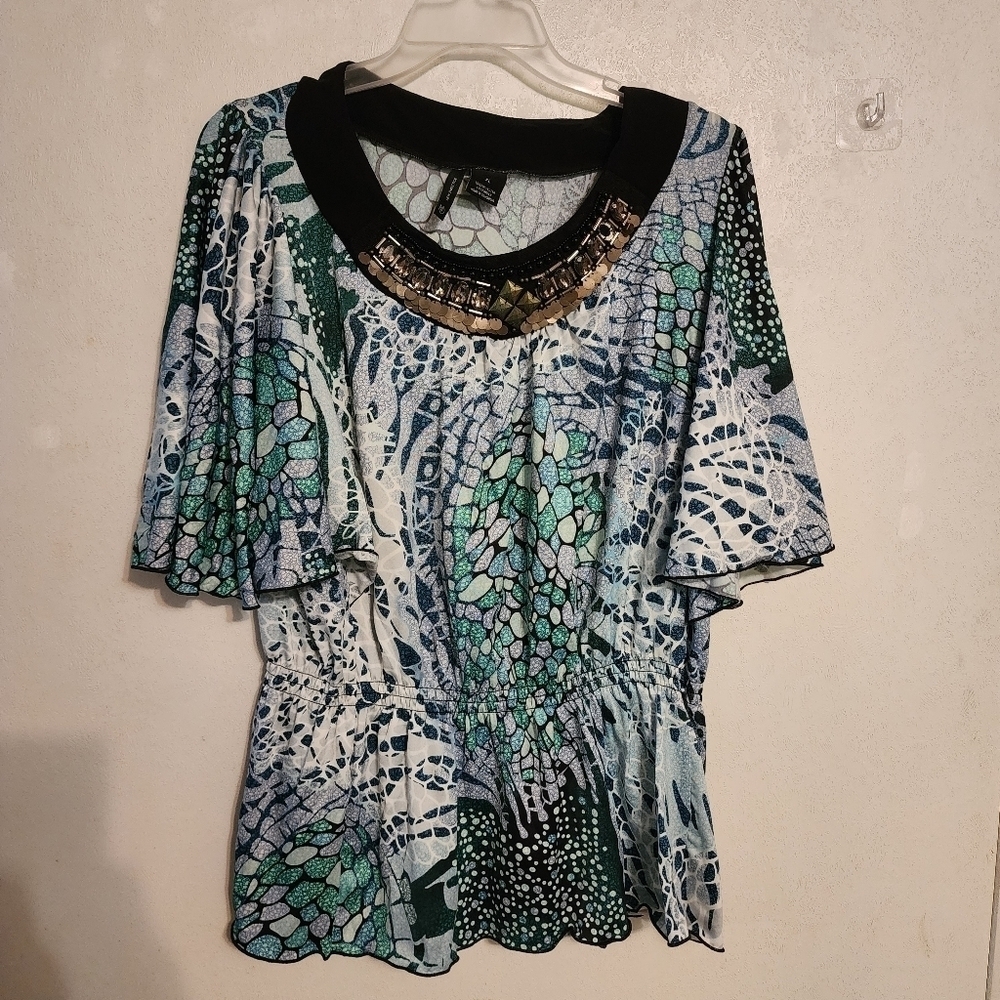 New Directions Butterfly Sleeve Gathered Waist Multi Print Top Size XL